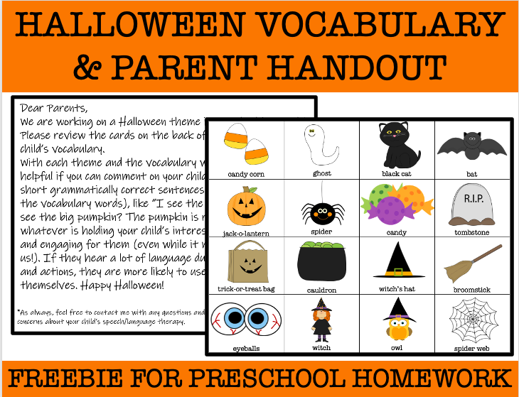 Halloween Theme Parent Handout With Vocabulary Cards: Commenting image