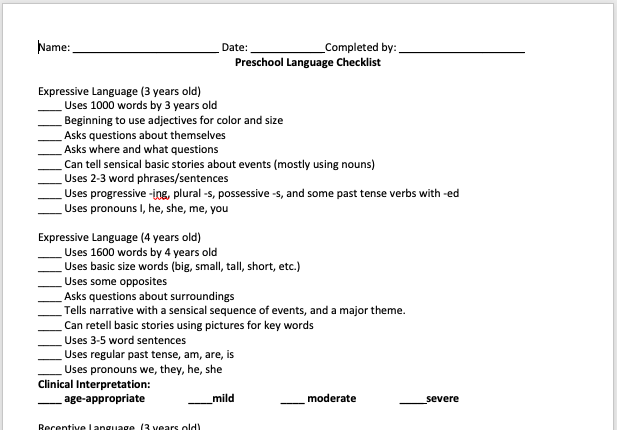 Preschool Language Checklist image