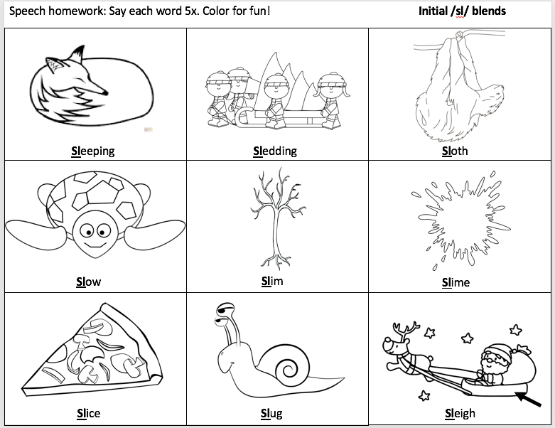 Initial /sl/ Blends Words Coloring Pages image