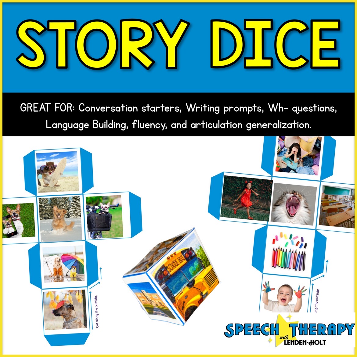 Story Dice For Language Building and Writing Prompts, Wh- Question Dice image