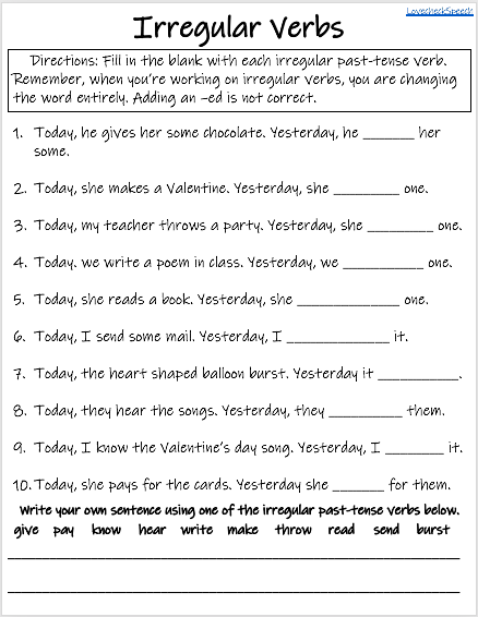 Valentines Verbs Worksheets - Irregular, Regular and Definitions image