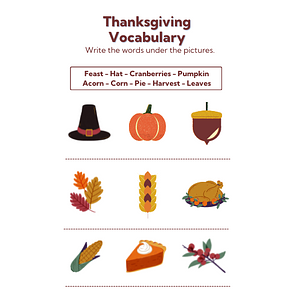 Ambiki - Simple Thanksgiving Vocabulary Worksheets 